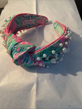 Lilly Pulitzer Knotted Pearl Headband in Pink/Green Floral Print